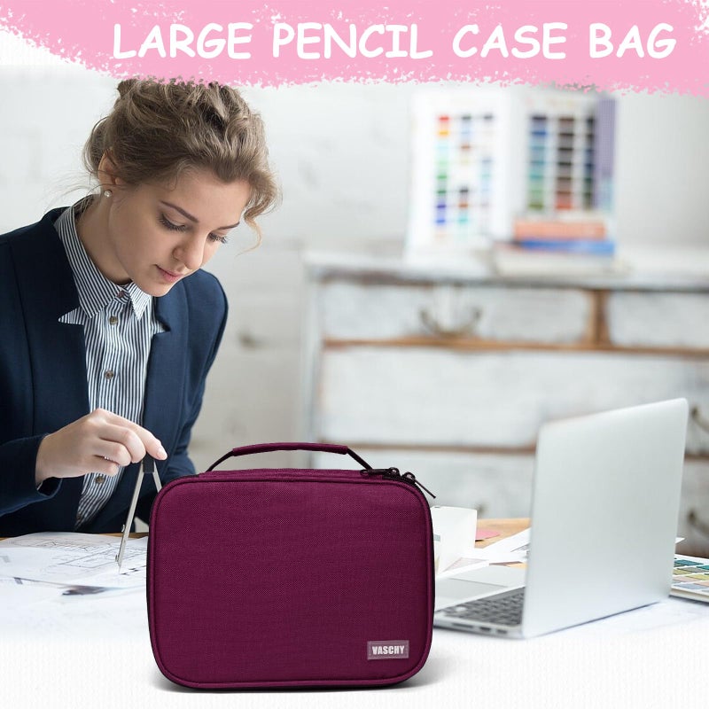 VASCHY Large Pencil Case, Art Color Pencils Pouch with Detachable Layers Multiple Zip Pockets for School Office Stationary Organization Burgundy - Image 2